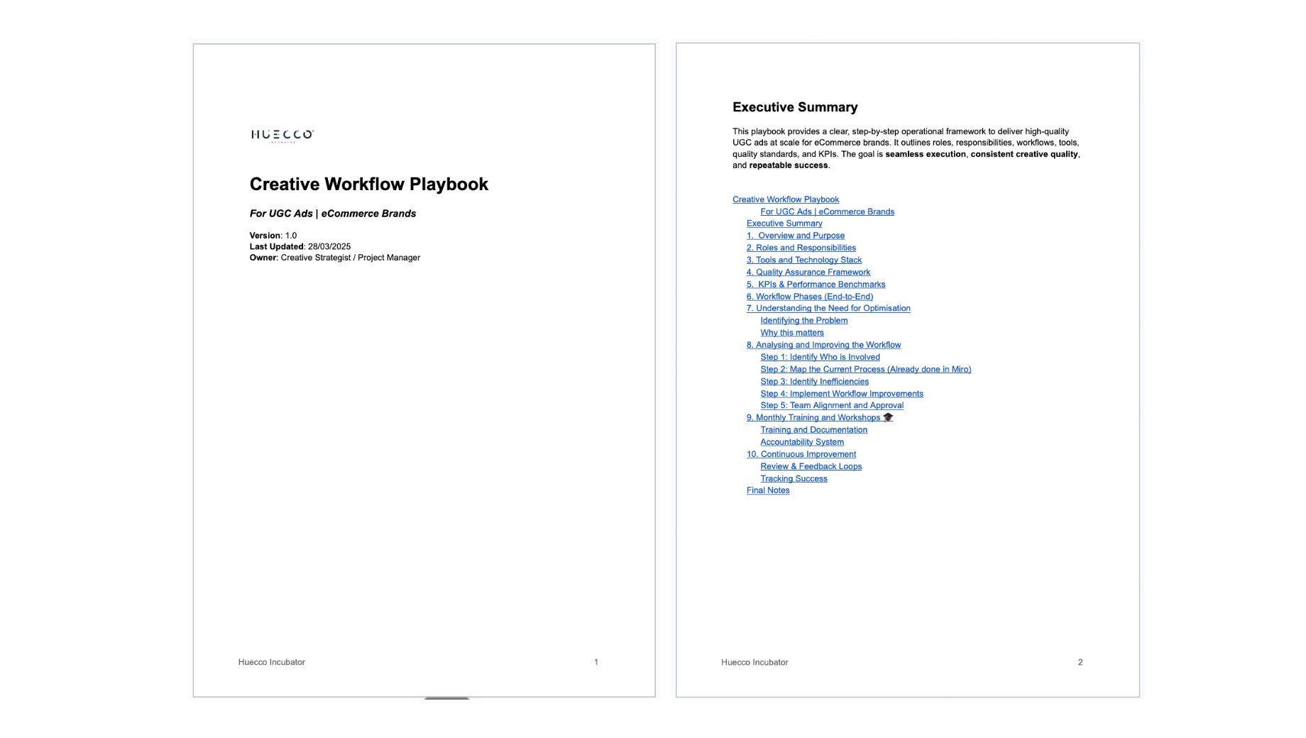 Huecco's Creative Workflow Playbook for UGC ads, the documented SOP behind the delivery process